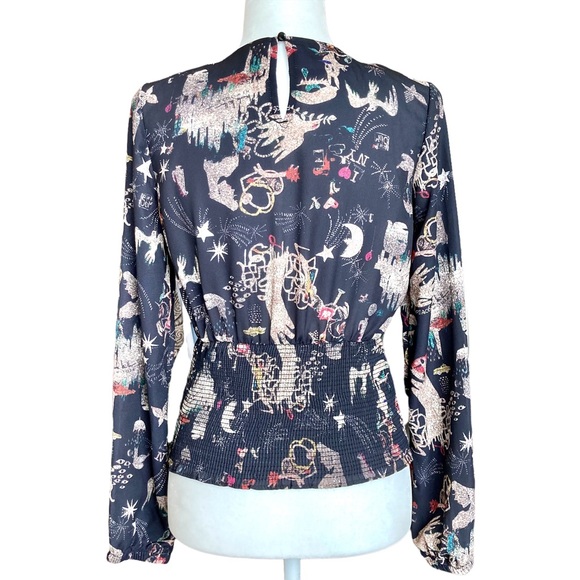 Nicole Miller NY black long puff sleeve blouse smocked waist holiday print XS - Picture 12 of 14